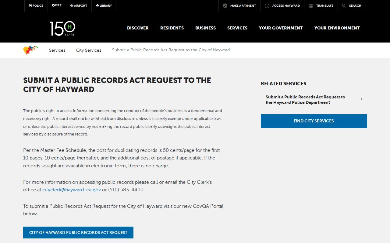 Hayward residents directory view of a Hayward public records request route
