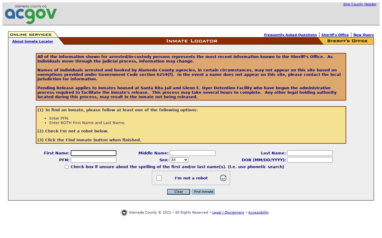 Hayward resident lookup Alameda County inmate locator