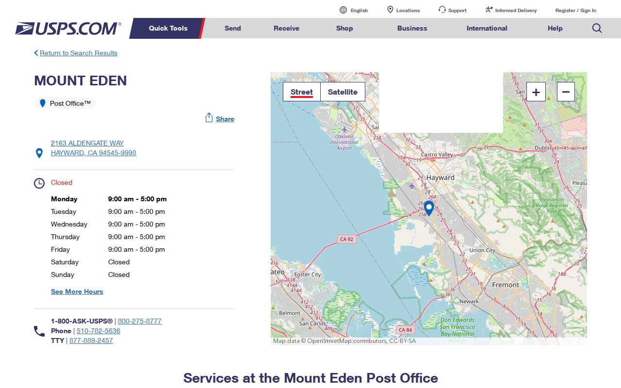 Hayward ZIP code directory Mount Eden post office details
